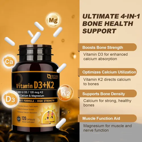 Vista 4 de NATURE TARGET Vitamina D3 K2 con calcio y magnesio – Fórmula 4 en 1 de fuerza máxima para apoyo óseo, corazón e inmunológico – Suministra 5000 UI