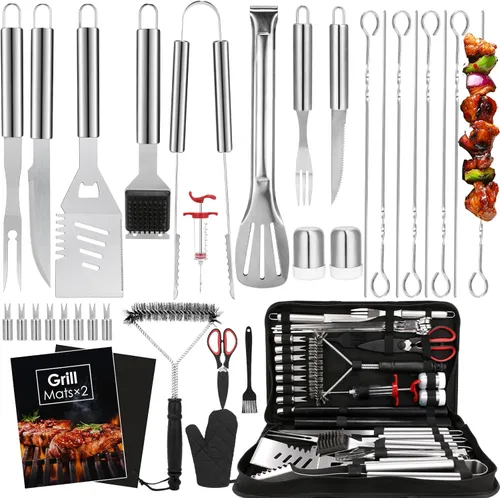 Vista 8 de Yoehka Juego de 34 accesorios de parrilla para barbacoa, herramientas de parrilla resistentes para acampar al aire libre, regalos para hombres