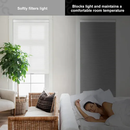 Vista 3 de Persianas celulares opacas sin cordón, persianas de panal para el hogar, puerta, tamaño personalizado, opaco y gris claro.