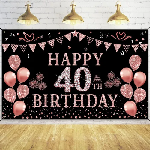 Trgowaul Cartel de decoración de cumpleaños número 40 para mujer, decoraciones de feliz cumpleaños número 40 de oro rosa para mujeres, decoraciones