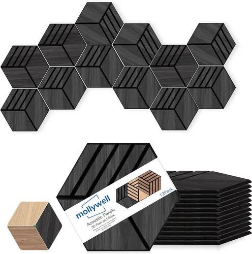 Vista 17 de Mollywell Paneles acústicos hexagonales, nogal S4, 14 x 12 x 0.4 pulgadas, paquete de 12 unidades chapa de madera Paneles de pared de alta