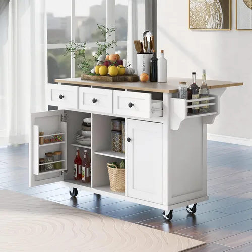 Vista 37 de P PURLOVE Carrito de isla de cocina con parte superior de madera y ruedas de bloqueo, carrito móvil de isla de cocina con armario de 4 puertas