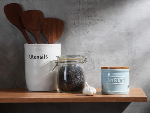 Vista 4 de ONEMORE Soporte de ajo con tapa, recipiente de ajo de cerámica de 4 pulgadas, azul claro