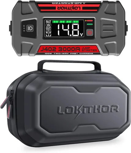 Lokithor J402 Jump Starter 3000A 12V 24000Amh Batería portátil de litio para automóviles de hasta 9.0L de gas y 7.0L Diesel con carga rápida de 100