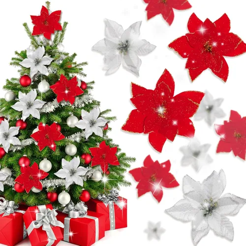 Whaline 40 flores artificiales de Navidad con 40 clips y 40 tallos, flores de Navidad rojas y plateadas, adornos de árbol de Navidad con purpurina,