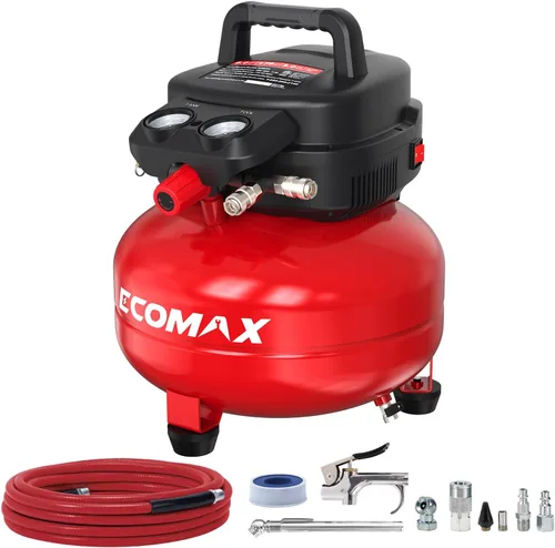 Vista 9 de ECOMAX Compresor de aire 6 galones 150 PSI portátil redondo libre de aceite con kit de accesorios de 10 piezas