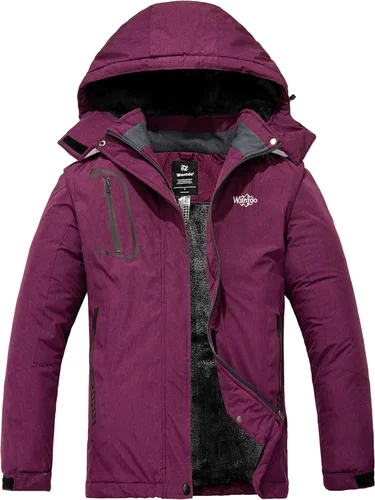 Vista 15 de wantdo Chaqueta de esquí impermeable de montaña para mujer, chaqueta de lluvia resistente al viento, abrigo cálido con capucha para invierno