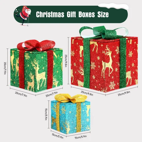 Vista 3 de Cajas de regalo iluminadas de Navidad, juego de 3 cajas de regalo iluminadas con 60 LED, cajas de regalo para decoración navideña para el hogar