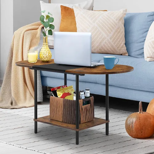 Vista 4 de ETELI Mesas de centro redondas pequeñas para espacios pequeños, mesa de centro ovalada de granja con estante de almacenamiento de 2 niveles, mesa