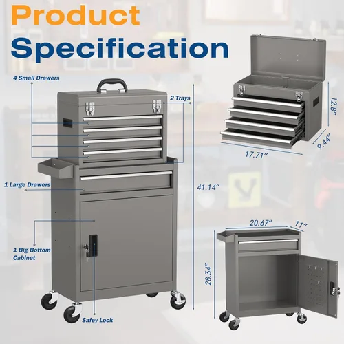 Vista 4 de Cofre de herramientas de 5 cajones, caja de herramientas rodante 2 en 1 con ruedas y cajones, caja de herramientas de almacenamiento desmontable