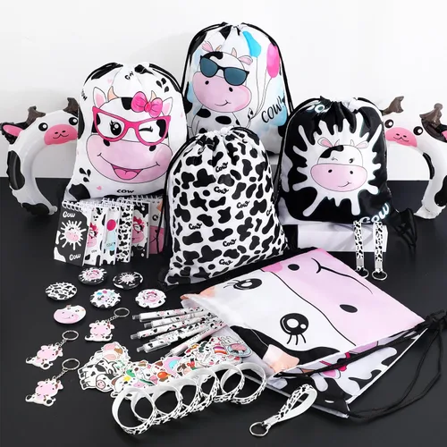 Vista 6 de Sweetude 152 piezas de suministros de fiesta de vaca, incluye bolsa de regalo con cordón de vaca, pulseras de silicona, llavero, calcomanías, bloc