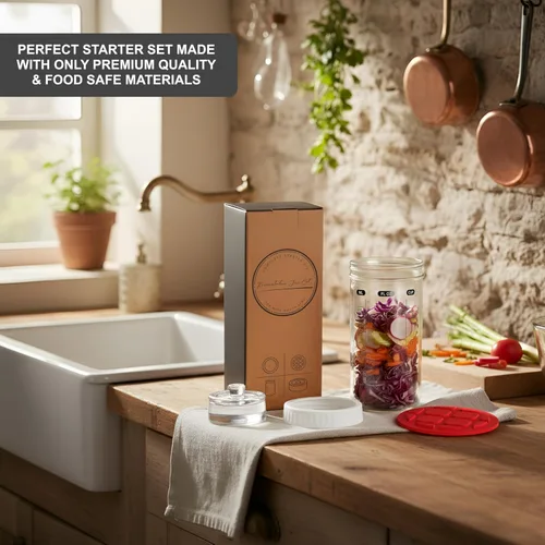 Vista 2 de Kit de fermentación con tarro Mason – Tapas de fermentación y peso de vidrio, tapas para eructos para frascos Mason, juego de inicio de tarro