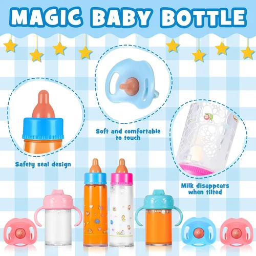 Vista 3 de Seematn 7 piezas de biberones para muñeca bebé, juego de alimentación con muñeca que desaparece, botellas de leche y jugo con chupete de juguete
