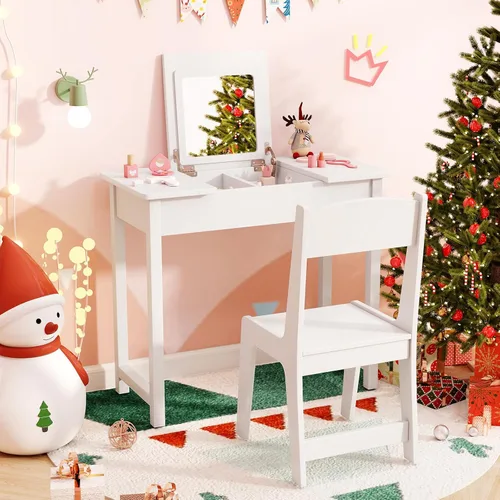 Vista 12 de HONEY JOY Tocador para Niños, Mesa de Maquillaje para Niños Pequeños con Espejo y Taburete, Tocador de Madera de Juego de Simulación para Niñas