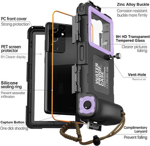 Vista 13 de Funda de teléfono de buceo subacuático para esnórquel, profesional de 50 Violeta Negro