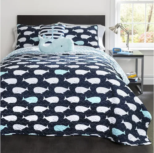 Lush Decor Whale - Juego de ropa de cama reversible de 4 piezas para niños con funda y almohadas decorativas, tamaño individual, azul marino
