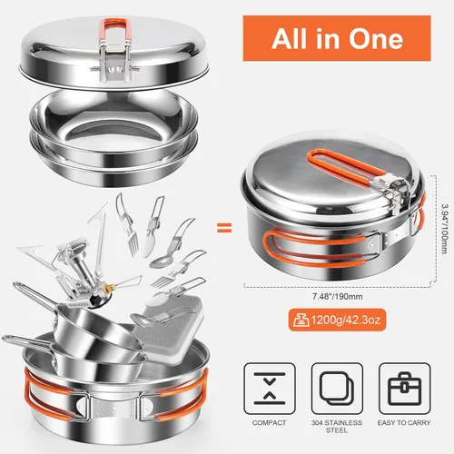 Vista 4 de Odoland 10pcs Stainless Steel Camping Cookware Camping Pot and Pan Set with Portable Camping Stove Camping Mess Kit with Plates Bowls Forks Knives