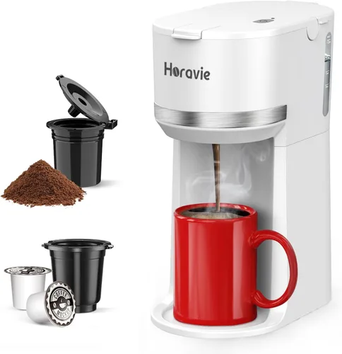 Vista 9 de Horavie Mini - Cafetera de porción individual para cápsulas K Cup y café molido, máquina de café de preparación rápida de una taza con recordatorio