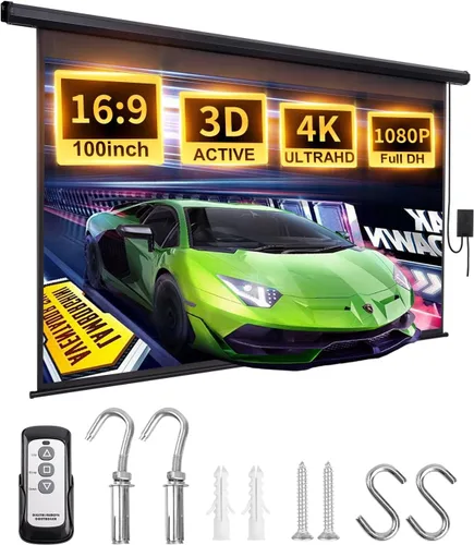 Vista 7 de Pantalla de proyector motorizada desplegable de 84 pulgadas, pantalla de proyector eléctrico 16:9 con control remoto, pantallas de proyector
