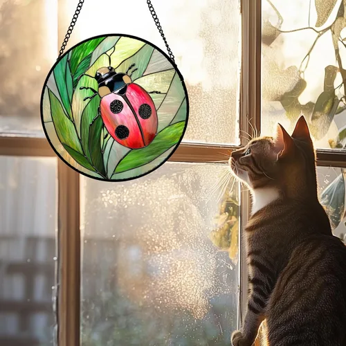 Vista 4 de DASTOLL Juego de 4 piezas para colgar vidrieras con temática de insectos rosa y verde de 6.3 pulgadas, diseño de mariposa, atrapasoles, puerta