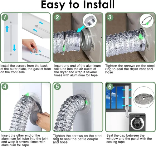 Vista 9 de Kit de ventilación para secadora de ventana Estoder con manguera de ventilación de secadora de 4 pulgadas y 10 pies, kit universal de ventilación