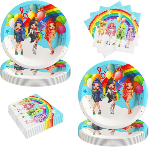 40 piezas de juguetes de fiesta Rainbow High Dolls incluyen 20 platos, 20 servilletas para decoración de fiesta de cumpleaños de muñecas Rainbow High