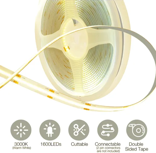 Vista 5 de DAYBETTER Tira de LED COB, 5 m de tira de luces LED blancas cálidas, tira de luz LED regulable 3000K, 24V, 1600LEDs, luces LED flexibles 2835