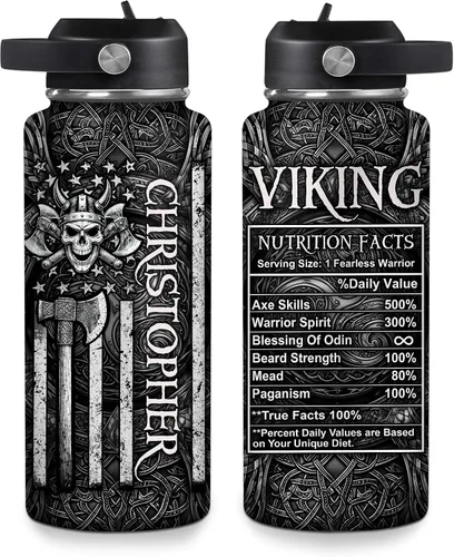 Vista 8 de Hyturtle Botella de agua vikingo personalizada, botella de acero inoxidable aislada de viaje con tapa a prueba de fugas, 18 onzas, 32 onzas, regalos