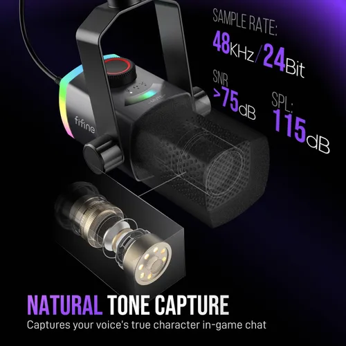 Vista 2 de Kit de micrófono de juego FIFINE, micrófono dinámico XLR/USB para PC con brazo articulado para grabación de podcast, juego de micrófono RGB
