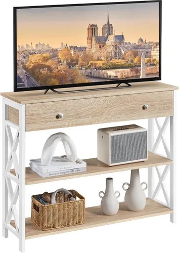 Vista 10 de Yaheetech Soporte para TV, centro de entretenimiento con cajón, mesa consola multimedia para TV de hasta 45 pulgadas, mesa consola de TV con Gris