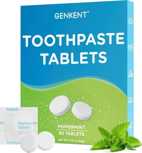 GENKENT Tabletas de pasta de dientes, pastillas masticables sin flúor y plástico, ecológicas y aptas para viajes (60 unidades)
