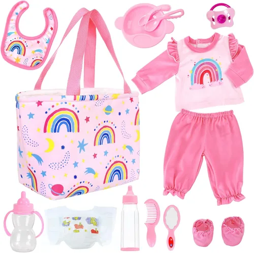 Vista 8 de UNICORN ELEMENT 8 piezas de ropa y accesorios para muñecas de bebé, juego de alimentación y cuidado con bolsa de pañales para muñecas, ropa
