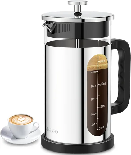 Vista 19 de QUQIYSO Cafetera de prensa francesa de acero inoxidable 304 con 4 filtros, resistente al calor, duradera, fácil de limpiar, prensa de café de vidrio