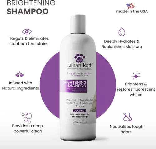 Vista 2 de Lillian Ruff Champú blanqueador profesional ultra brillante para perros con aloe y aceite de coco para piel seca y alivio de picazón, champú