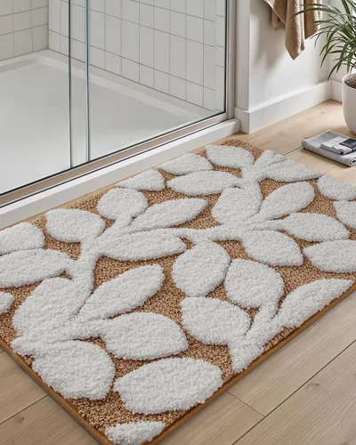 Vista 4 de DEXI Alfombras de baño antideslizantes, 16x24 tapete de baño de microfibra lavable de secado rápido, absorbente ultra suave con diseño de hojas