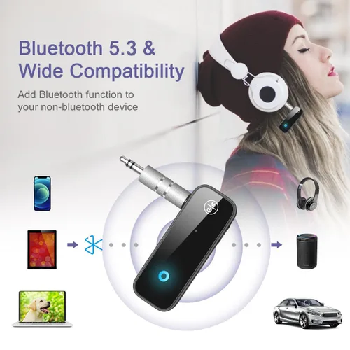 Vista 2 de Adaptador Bluetooth auxiliar para automóvil, receptor transmisor Bluetooth 5.3 2 en 1 para llamadas manos libres, cancelación de ruido Receptor