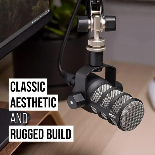 Vista 3 de RØDE PodMic - Micrófono cardioide de transmisión dinámica con soporte de columpio integrado para podcasting, transmisión, juegos y grabación de voz