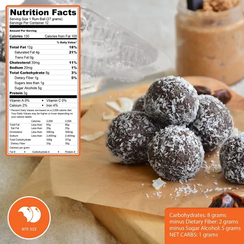 Vista 3 de Bolas de ron de chocolate Carbolicious sin azúcar, bajas en carbohidratos, aptas para dieta cetogénica, 1 carbohidrato neto por bola (9 piezas)