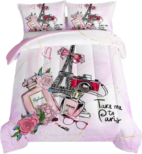 Vista 8 de HOSIMA Ropa de cama de caballo para niñas, juego de edredón con estampado de flores de cerezo rosa tamaño completo para adolescentes con 2 fundas