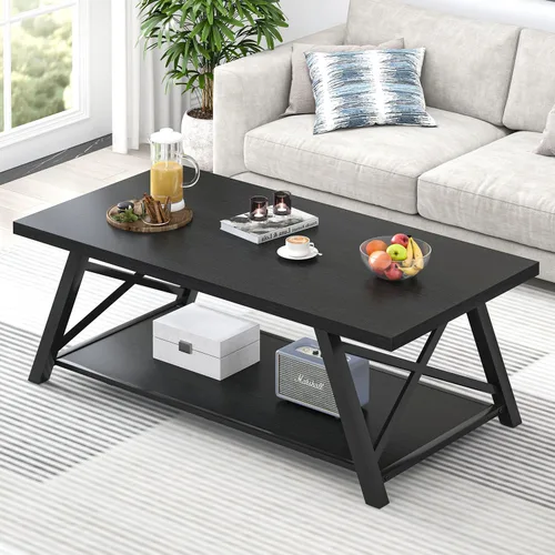 Vista 12 de EXCEFUR Mesa de centro moderna, mesa central rectangular para sala de estar con estante de almacenamiento, mesa de té de cóctel industrial de madera