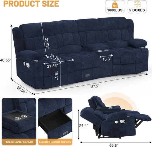 Vista 2 de Dresegmt Juego de sofá reclinable con consola de almacenamiento, diseño de respaldo medio abatible, sofá reclinable de 3 plazas y silla reclinable