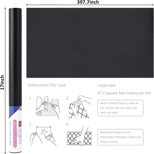 Vista 33 de Arthome - Papel adhesivo negro de 11.8 x 100 pulgadas, papel tapiz autoadhesivo impermeable de vinilo de PVC brillante, a prueba de aceite, papel
