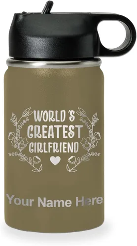 Vista 13 de LaserGram Personalized Water Bottle, World's Greatest Girlfriend, Stainless Steel Double Wall Vacuum Insulated with Flip Top Straw, Custom Engraved