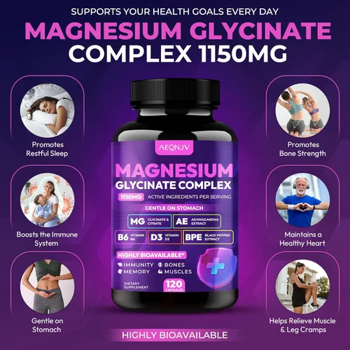 Vista 2 de Complejo de Glicinato de Magnesio 1150mg - Cápsulas de Magnesio de Alta Absorción Suave para el Estómago con Citrato, Sílice, Ashwagandha y Vitamina