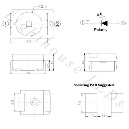 Vista 2 de PLCC-2 SMD blanco frío/transparente - LED ultra brillante 1210/3528 (paquete de 5)