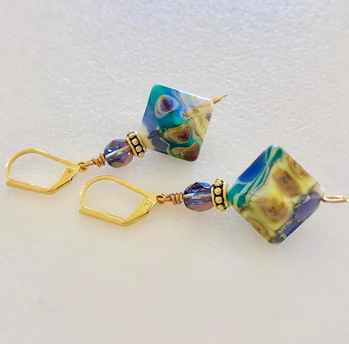 Vista 4 de Lavender and Teal Lampwork Earrings, Lavender Teal Lime Green Glass, Artisan Handmade Glass, Diamond Pyramid Beads, Czech Glass, Bohemian.
