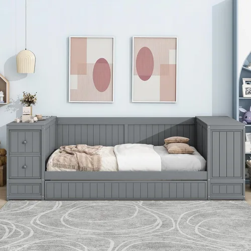 Vista 201 de Quarte Elegante cama de plataforma con estanterías en forma de L, cama de plataforma de madera tamaño individual con 2 cajones de almacenamiento
