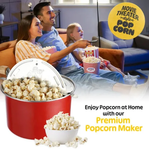 Vista 4 de Great Northern Popcorn Maker - Molde de 6.5 cuartos de galón con manivela de madera y agitador interno de granos de maíz (rojo)
