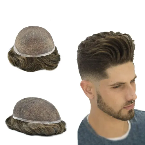 Vista 35 de Toupee para hombres, sistema de reemplazo de piezas de cabello humano real, encaje suizo suave, encaje frontal para hombres, pieza de pelo tipo