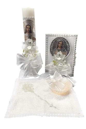 Vista 6 de Lito - Juego de velas de bautismo de Jesús blanco para bautizos con concha y favores - Español